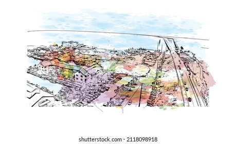 Building view with landmark of Marathon is the 
town in Greece. Watercolor splash with hand drawn sketch illustration in vector.