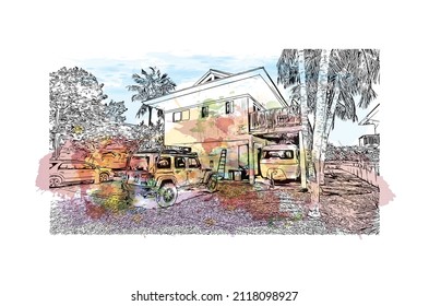 Building view with landmark of Marathon is the 
town in Greece. Watercolor splash with hand drawn sketch illustration in vector.