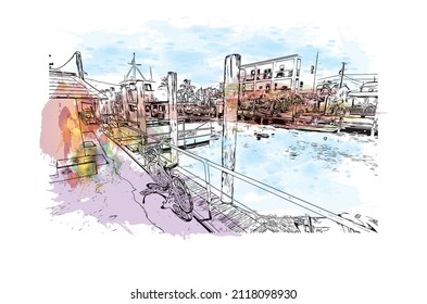 La construcción de vistas con un punto de referencia de Maratón es la 
ciudad de Grecia. Salto de color de agua con ilustración de esbozo dibujada a mano en vector.
