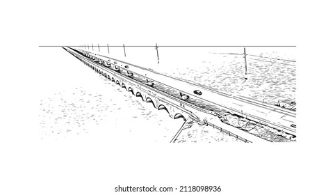 Building view with landmark of Marathon is the 
town in Greece. Hand drawn sketch illustration in vector.