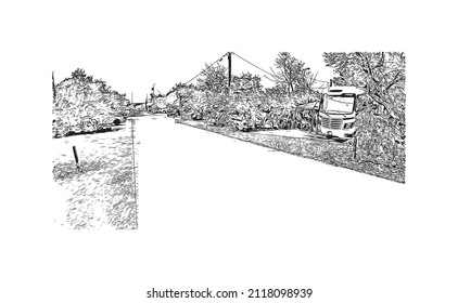Building view with landmark of Marathon is the 
town in Greece. Hand drawn sketch illustration in vector.