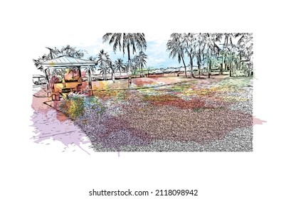 Building view with landmark of Marathon is the 
town in Greece. Watercolor splash with hand drawn sketch illustration in vector.
