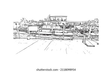 La construcción de vistas con un punto de referencia de Maratón es la 
ciudad de Grecia. Dibujo a mano de ilustración de esbozo en vector.