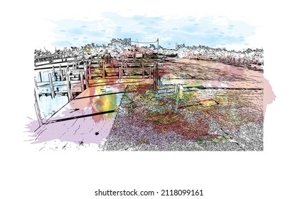 La construcción de vistas con un punto de referencia de Maratón es la 
ciudad de Grecia. Salto de color de agua con ilustración de esbozo dibujada a mano en vector.