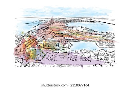Der Ausblick auf das Gebäude mit Wahrzeichen des Marathons ist der 
Stadt in Griechenland. Aquarellspritzer mit handgezeichneter Skizzengrafik in Vektorgrafik.