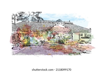Building view with landmark of Marathon is the 
town in Greece. Watercolor splash with hand drawn sketch illustration in vector.