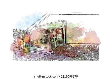 La construcción de vistas con un punto de referencia de Maratón es la 
ciudad de Grecia. Salto de color de agua con ilustración de esbozo dibujada a mano en vector.