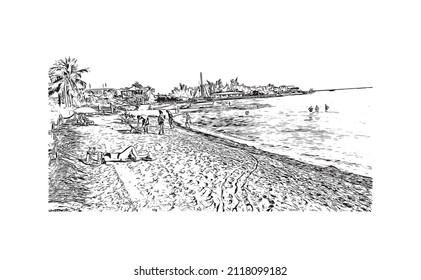 Building view with landmark of Marathon is the 
town in Greece. Hand drawn sketch illustration in vector.