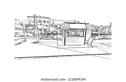 Building view with landmark of Marathon is the 
town in Greece. Hand drawn sketch illustration in vector.