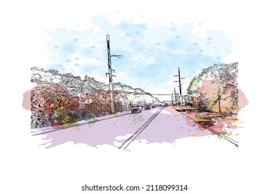 Building view with landmark of Marathon is the 
town in Greece. Watercolor splash with hand drawn sketch illustration in vector.