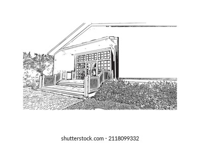Building view with landmark of Marathon is the 
town in Greece. Hand drawn sketch illustration in vector.