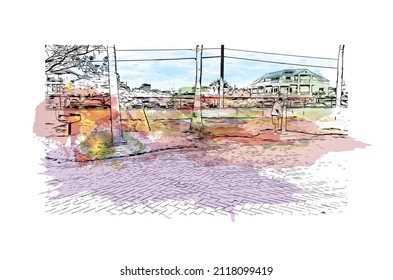 Building view with landmark of Marathon is the 
town in Greece. Watercolor splash with hand drawn sketch illustration in vector.