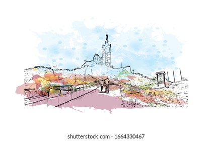 Building view with landmark of Marseille, a port city in southern France. Watercolor splash with Hand drawn sketch illustration in vector.