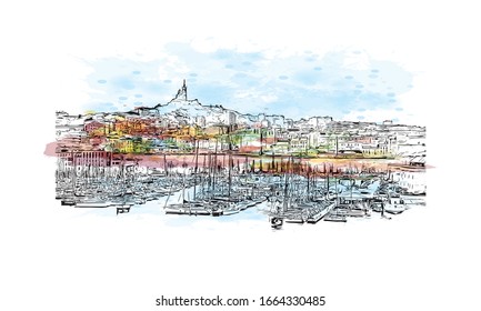 Building view with landmark of Marseille, a port city in southern France. Watercolor splash with Hand drawn sketch illustration in vector.