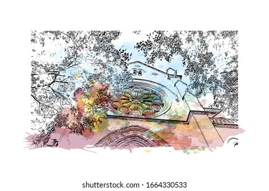 Building view with landmark of Marseille, a port city in southern France. Watercolor splash with Hand drawn sketch illustration in vector.