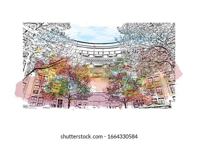 Building view with landmark of Marseille, a port city in southern France. Watercolor splash with Hand drawn sketch illustration in vector.