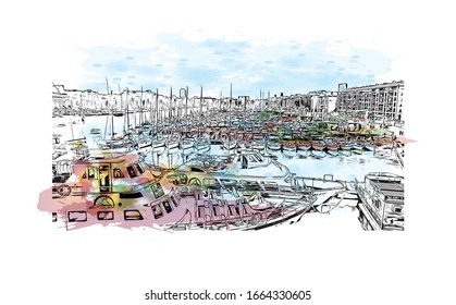 Building view with landmark of Marseille, a port city in southern France. Watercolor splash with Hand drawn sketch illustration in vector.