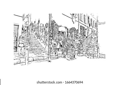 Building view with landmark of Marseille, a port city in southern France. Hand drawn sketch illustration in vector.