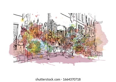 Building view with landmark of Marseille, a port city in southern France. Watercolor splash with Hand drawn sketch illustration in vector.