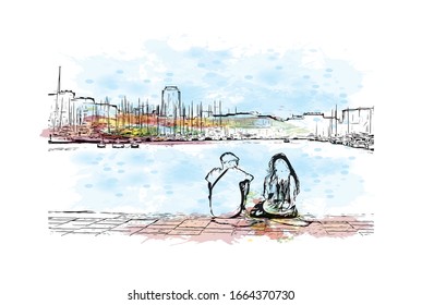 Building view with landmark of Marseille, a port city in southern France. Watercolor splash with Hand drawn sketch illustration in vector.