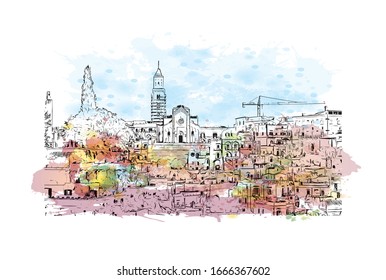 Building view with landmark of Matera is a city on a rocky outcrop in the region of Basilicata, in southern Italy. Watercolor splash with Hand drawn sketch illustration in vector.