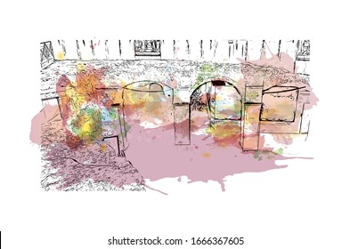 Building view with landmark of Matera is a city on a rocky outcrop in the region of Basilicata, in southern Italy. Watercolor splash with Hand drawn sketch illustration in vector.