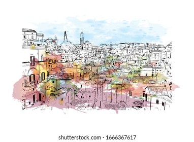 Building view with landmark of Matera is a city on a rocky outcrop in the region of Basilicata, in southern Italy. Watercolor splash with Hand drawn sketch illustration in vector.