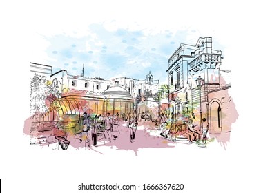 Building view with landmark of Matera is a city on a rocky outcrop in the region of Basilicata, in southern Italy. Watercolor splash with Hand drawn sketch illustration in vector.