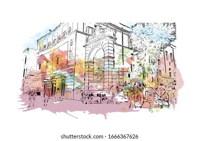 Building view with landmark of Matera is a city on a rocky outcrop in the region of Basilicata, in southern Italy. Watercolor splash with Hand drawn sketch illustration in vector.