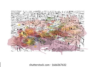 Building view with landmark of Matera is a city on a rocky outcrop in the region of Basilicata, in southern Italy. Watercolor splash with Hand drawn sketch illustration in vector.