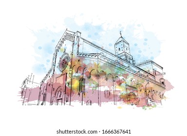 Building view with landmark of Matera is a city on a rocky outcrop in the region of Basilicata, in southern Italy. Watercolor splash with Hand drawn sketch illustration in vector.