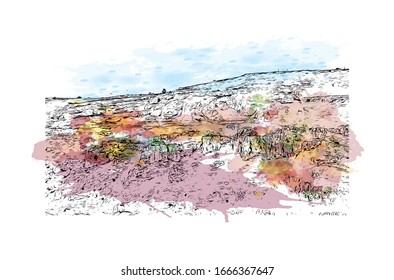 Building view with landmark of Matera is a city on a rocky outcrop in the region of Basilicata, in southern Italy. Watercolor splash with Hand drawn sketch illustration in vector.