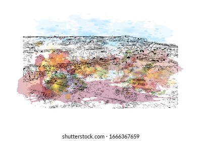 Building view with landmark of Matera is a city on a rocky outcrop in the region of Basilicata, in southern Italy. Watercolor splash with Hand drawn sketch illustration in vector.