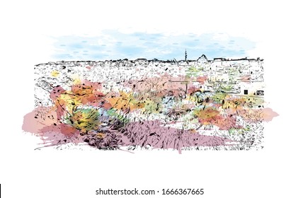 Building view with landmark of Matera is a city on a rocky outcrop in the region of Basilicata, in southern Italy. Watercolor splash with Hand drawn sketch illustration in vector.