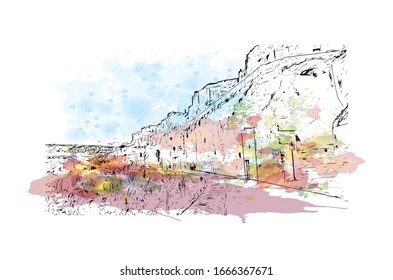 Building view with landmark of Matera is a city on a rocky outcrop in the region of Basilicata, in southern Italy. Watercolor splash with Hand drawn sketch illustration in vector.