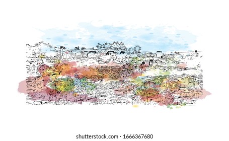 Building view with landmark of Matera is a city on a rocky outcrop in the region of Basilicata, in southern Italy. Watercolor splash with Hand drawn sketch illustration in vector.