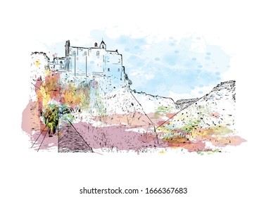 Building view with landmark of Matera is a city on a rocky outcrop in the region of Basilicata, in southern Italy. Watercolor splash with Hand drawn sketch illustration in vector.