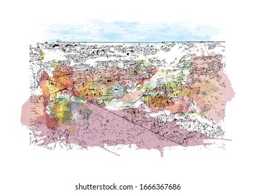 Building view with landmark of Matera is a city on a rocky outcrop in the region of Basilicata, in southern Italy. Watercolor splash with Hand drawn sketch illustration in vector.