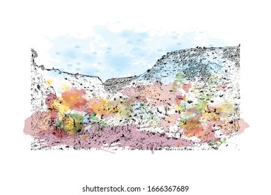 Building view with landmark of Matera is a city on a rocky outcrop in the region of Basilicata, in southern Italy. Watercolor splash with Hand drawn sketch illustration in vector.