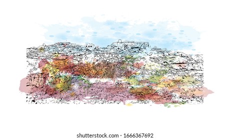 Building view with landmark of Matera is a city on a rocky outcrop in the region of Basilicata, in southern Italy. Watercolor splash with Hand drawn sketch illustration in vector.