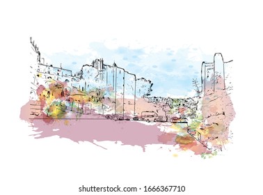 Building view with landmark of Matera is a city on a rocky outcrop in the region of Basilicata, in southern Italy. Watercolor splash with Hand drawn sketch illustration in vector.