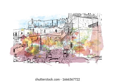 Building view with landmark of Matera is a city on a rocky outcrop in the region of Basilicata, in southern Italy. Watercolor splash with Hand drawn sketch illustration in vector.