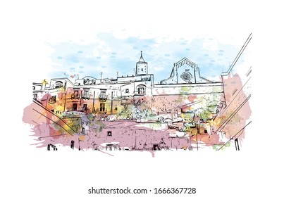 Building view with landmark of Matera is a city on a rocky outcrop in the region of Basilicata, in southern Italy. Watercolor splash with Hand drawn sketch illustration in vector.