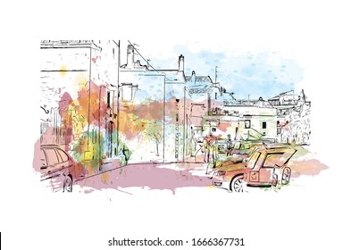 Building view with landmark of Matera is a city on a rocky outcrop in the region of Basilicata, in southern Italy. Watercolor splash with Hand drawn sketch illustration in vector.