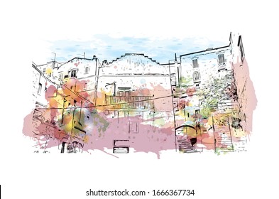Building view with landmark of Matera is a city on a rocky outcrop in the region of Basilicata, in southern Italy. Watercolor splash with Hand drawn sketch illustration in vector.