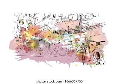 Building view with landmark of Matera is a city on a rocky outcrop in the region of Basilicata, in southern Italy. Watercolor splash with Hand drawn sketch illustration in vector.