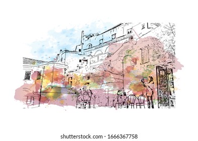 Building view with landmark of Matera is a city on a rocky outcrop in the region of Basilicata, in southern Italy. Watercolor splash with Hand drawn sketch illustration in vector.