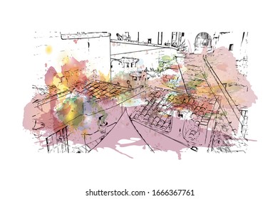 Building view with landmark of Matera is a city on a rocky outcrop in the region of Basilicata, in southern Italy. Watercolor splash with Hand drawn sketch illustration in vector.