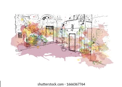 Building view with landmark of Matera is a city on a rocky outcrop in the region of Basilicata, in southern Italy. Watercolor splash with Hand drawn sketch illustration in vector.