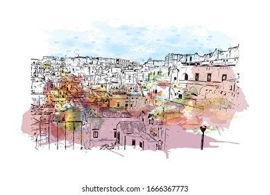 Building view with landmark of Matera is a city on a rocky outcrop in the region of Basilicata, in southern Italy. Watercolor splash with Hand drawn sketch illustration in vector.
